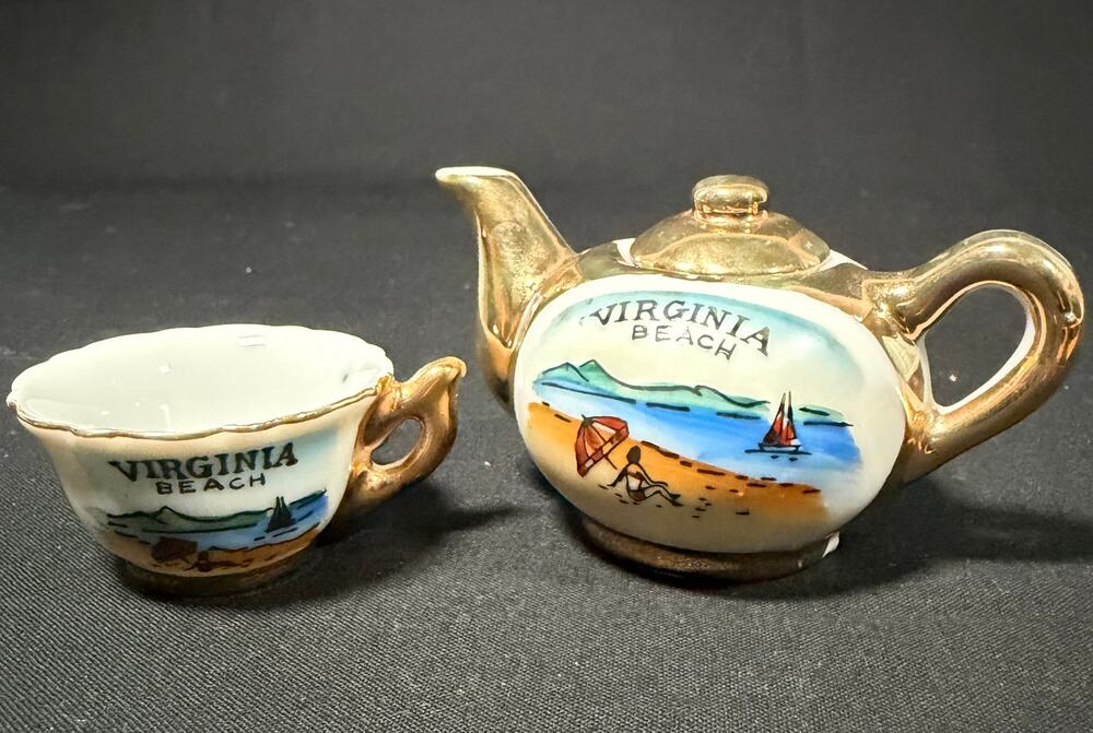 Vintage Virginia Beach Miniature Teapot & Cup Souvenir Hand Painted Gold Trim